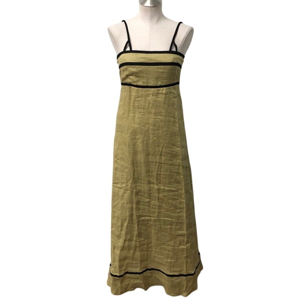 Lusana Candice Contrast Linen Maxi Dress Womens Small Cafe Green Smocked Back